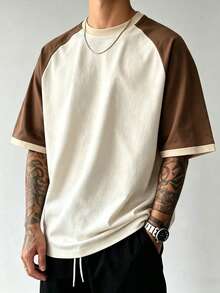 Men's Vintage Colorblock T-Shirt, Breathable Knit Fabric, Regular Crew Neck Design, Suitable For Daily Wear - Brown - View 3