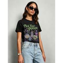 Women's Casual Cotton Short Sleeve T-Shirt With 'Pick Your Poison' Graphic, Regular Fit Round Neck Top Perfect For Everyday Wear - Black - View 1