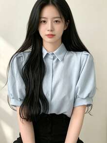 Summer Casual Solid Color Loose Puff Sleeve Shirt - Blue - View 7