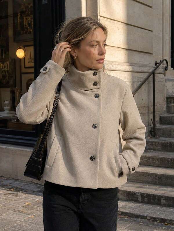 Jaket Pendek untuk Wanita, Pakaian Musim Gugur Lengan Panjang untuk Wanita, Mantel Kasual Bisnis, Jaket Pas Badan, Streetwear Chic, Jaket Musim Gugur Kerah Tinggi dengan Kancing
