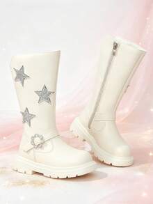 1 Pair Girls' Tall Riding Boots, Silver Star + Flower Rhinestone Decor, Elastic Soft Sole With Inner Zipper Design, Cute Princess Style Long Boots, Suitable For Daily Wear, School, Holidays, Parties, Autumn/Winter New - Apricot - View 2