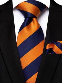 Men's Tie Set, Classic Fashion Tie & Pocket Square Set, Suitable For Weddings, Business And Banquets - Blue Orange - View 1