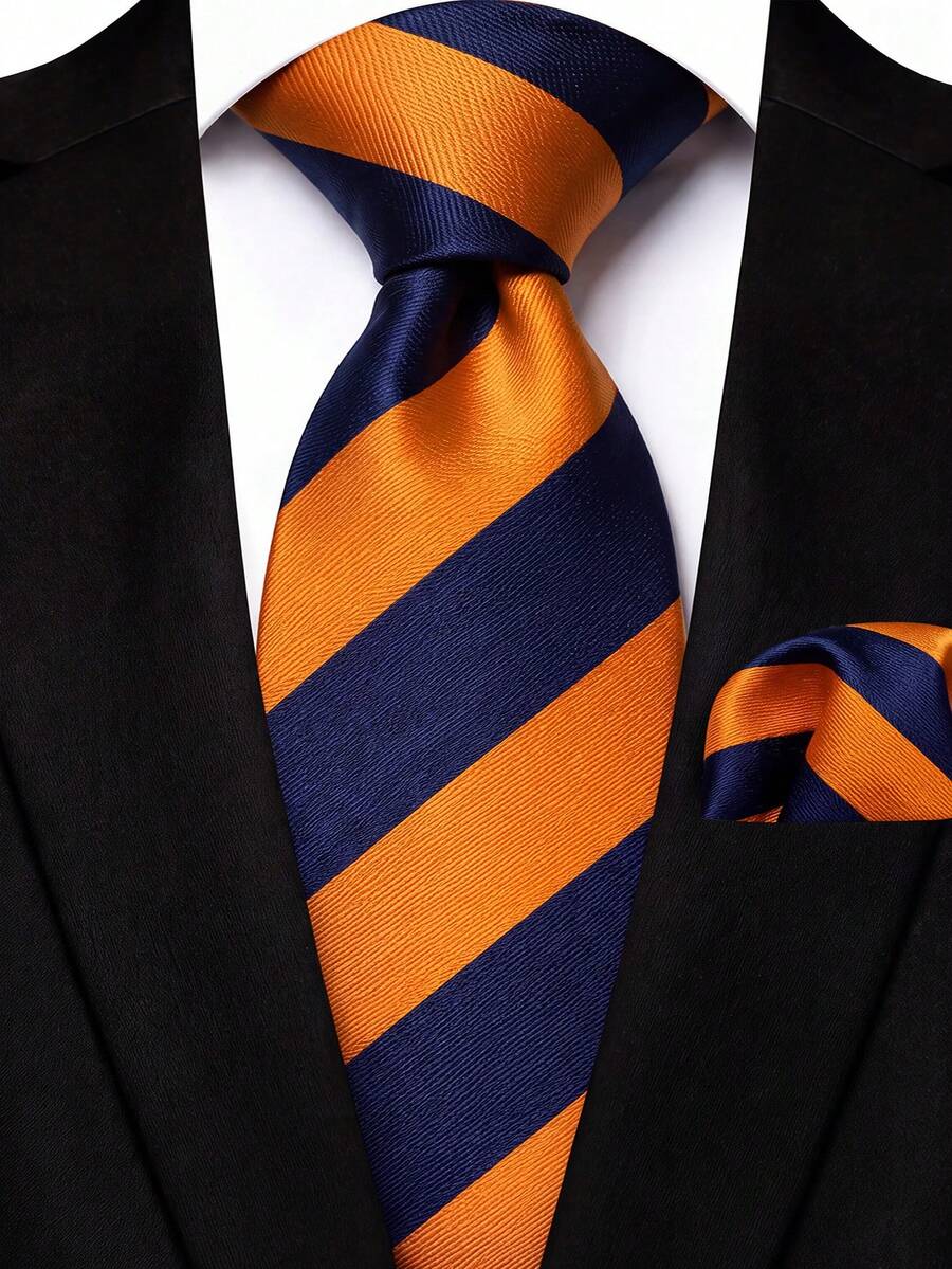 Men's Tie Set, Classic Fashion Tie & Pocket Square Set, Suitable For Weddings, Business And Banquets - Blue Orange - View 1