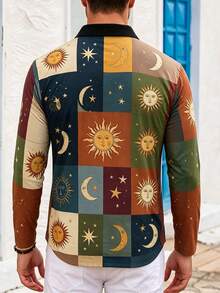 Men's Autumn/Winter Casual Daily Commute Sun Moon Star Print Colorblock Patchwork Ribbed Collar Long Sleeve Polo Shirt - Multicolor - View 2