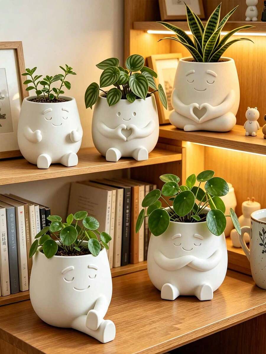 Cute Expression Planter, Succulent Plant Pot, Meditation/Hug/Heart Gesture, Indoor Decorative Plant Pot, Candy Storage Desktop Organizer Box, Home Office Decor, Plant Lover Gift - A - View 1