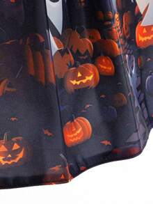 Baby Girls Asymmetric Neck Ghost Pumpkins Bat Haunted House Halloween Elements Pattern Satin Fabric Cute Party Princess Dress, Fabric Pattern Random Cut, Headband And Handbag Not Included - Multicolor - View 9