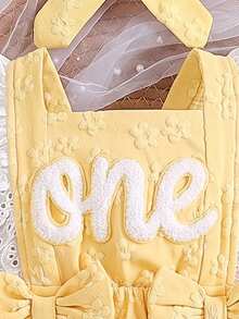 Set 2 Potong Bayi Perempuan Kasual Lucu Motif Bunga Bordir Huruf Romper dan Pita Hiasan Ruffle, Cocok untuk Pemakaian Sehari-hari dan Pesta - Kuning - View 4