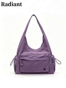 Women's Solid Color Nylon Fabric Drawstring Shoulder Tote Bag, Side Pockets, Zipper Closure, Large Capacity, Casual Style, Suitable For Daily Commute And Travel, All Season - Purple - View 7