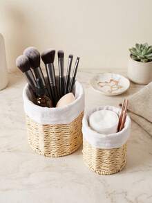 1pc Handwoven Paper Rope Storage Basket With Fabric Liner, Cylindrical Desktop Organizer Bin, Boho Farmhouse Home Decor For Vanity Makeup Brushes, Stationery, Kitchen Countertop, Bedroom Shelf Sundries Organizer - Multicolor - View 6