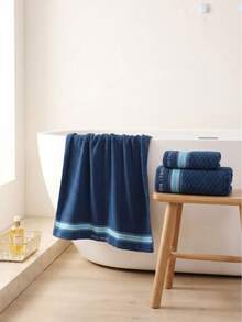 4pcs Navy Blue/White/Brown Striped 3D Waffle Embroidered 100% Pure Cotton Bath Towel And Hand Towel Set, Minimalist Soft Skin-Friendly High Absorbency Quick Drying, Suitable For Home/Hotel/Travel/Gym/Bathroom - Navy Blue - View 5