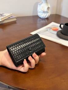 Quilted Bifold Card Wallet For Women, Oval Gold Metal Clasp, Accordion Multi-Card Slots, Slim PU Pocket Purse - Black - View 3
