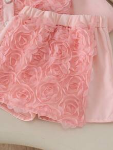 2pcs Baby Girl Princess Style 3D Rose Lapel Short Jacket & Matching Patchwork Skort Set, Spring/Autumn Lightweight - Baby Pink - View 8