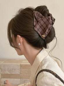 2pcs/1pc Cute Bear Plaid Hair Claw, Simple Polyester Hair Clip, Back Of Head Fashion Hair Claw Decoration, Elegant Elegant Style, Suitable For Women's Daily, Holiday Wear, Spring Summer New Arrival - Multicolor - View 5