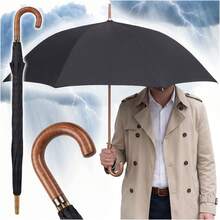 Black Stick Umbrella 104 Cm With Curved Handle, Semi Automatic Opening And 16 Rib Canopy Construction, Wind Resistant And Waterproof Design, Classic 88 Cm Long Rain Umbrella For Work, City Walks, Commuting And Everyday Use - A - View 1