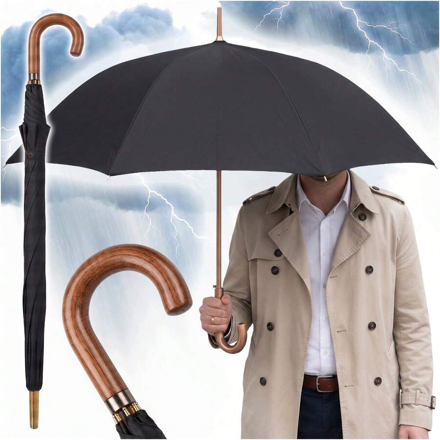 Black Stick Umbrella 104 Cm With Curved Handle, Semi Automatic Opening And 16 Rib Canopy Construction, Wind Resistant And Waterproof Design, Classic 88 Cm Long Rain Umbrella For Work, City Walks, Commuting And Everyday Use - A - View 1