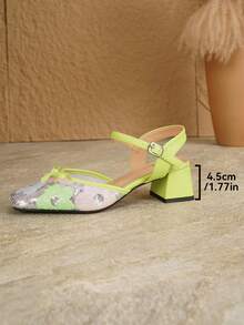 AMROUO 2026 New Elegant Floral Print Square Toe Chunky Heel 4.5cm Backless Sandals With Bow Style Buckle Soft Comfortable Women's Shoes Suitable For Commuting, Dating, Party And Various Occasions - Lime Green - View 8