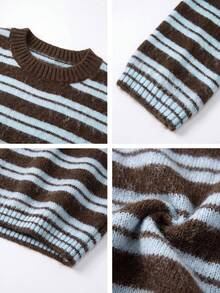 HoloChill Women's Young Influencer Casual Style Vintage Coffee Blue Striped Knit Pullover Sweater, Long Sleeve Ribbed Knit, Suitable For Daily Wear Pullover Fall Casual 2026 New Arrival Fall Sweater, Women's Elegant Outing Outfit Back To School Homecoming Fall/Winter French - Blue - View 12