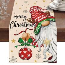 1pc Christmas Table Runner, With Deer Horn Gnome Christmas Ball Snowflake Star Print, Merry Christmas Restaurant Home Decor, Accessories Not Included - Beige - View 8