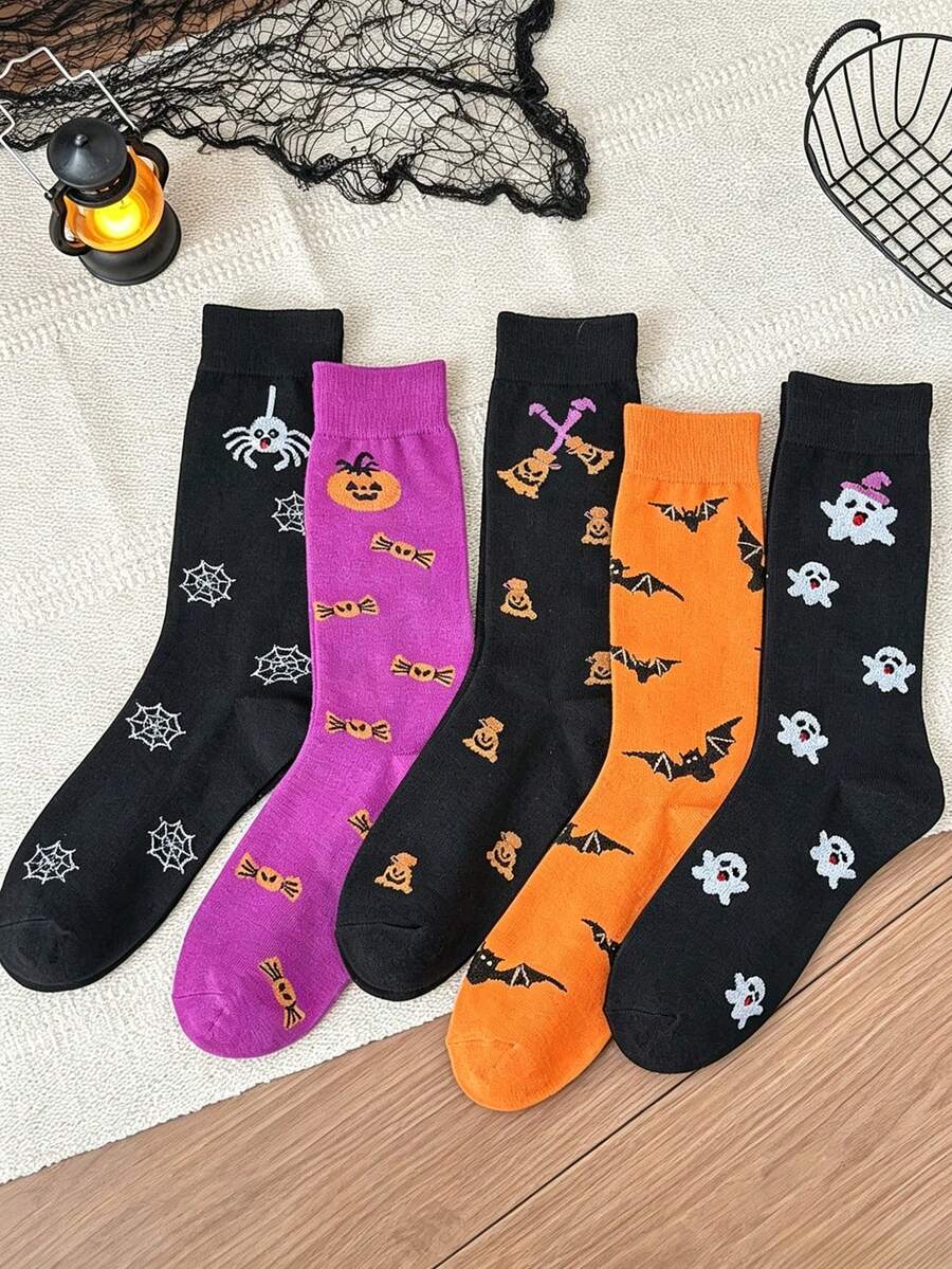 Random 3 Pairs Halloween Crew Socks For Women, Cute Ghost Pumpkin Bat Spider Web Candy Printed Mid‑Calf Socks, Fall Halloween Festival Casual Socks - Multicolor - View 1