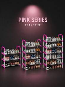 1pc Multi-Layer Steel Tube Shoe Rack, 3-4-5 Layers Adjustable Reinforced Sturdy Shoe Storage Organizer, With Handle, Space-Saving Portable, Suitable For Entryway, Bedroom, Dorm, Small Apartment, Mudroom, Closet, Garage, Home, Easy To Assemble - Pink - View 3