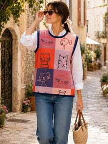 New Spring/Summer Women's Round Neck Sleeveless Tank Top, Cartoon Colorful Cat Print, Colorblock Knit Trim, Suitable For Daily Wear Fall - Apricot - View 6