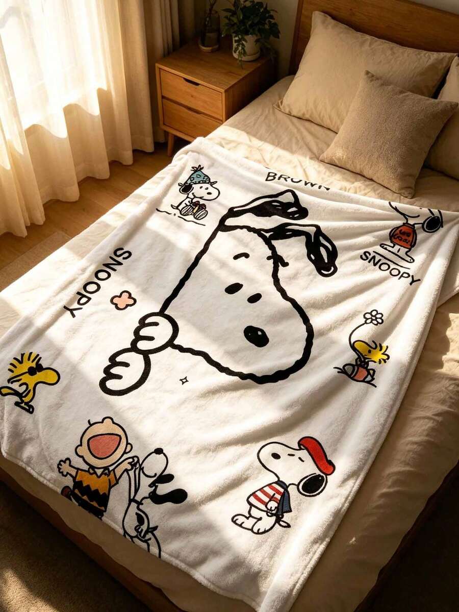 Snoopy White Background Big Head Multi-Character Cartoon Dog Print Flannel Throw Blanket, Graffiti Pattern, Soft And Comfortable, Suitable For Sofa, Bedroom And Daily Home Decor - Multiple Styles - View 1
