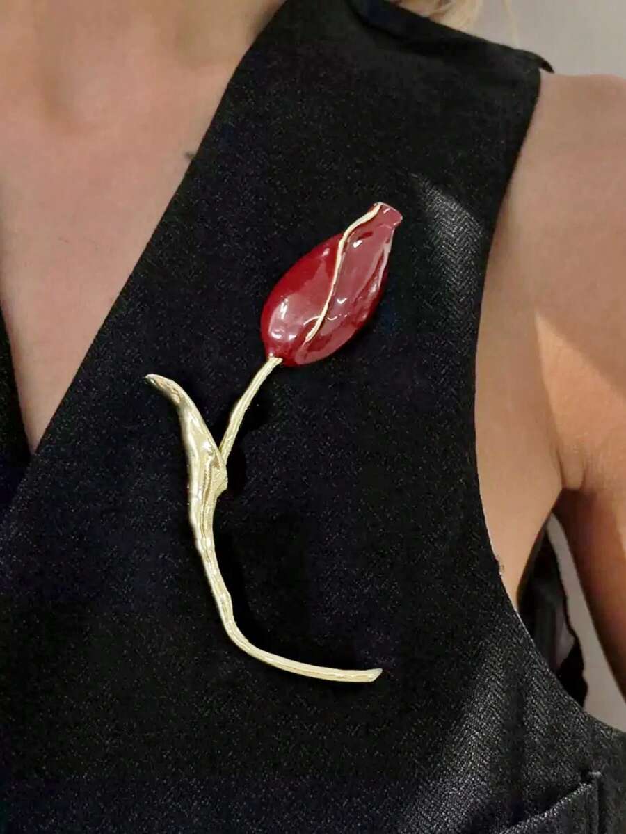 1pc Red Oil Drop Gold New Glossy Asymmetrical Flower Brooch, Vintage Elegant Minimalist Metal Women's Large Brooch, Waist-Cinching Fashion Dress Coat Pin Accessory - Multicolor - View 1