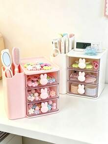 1 Baby Hair Accessory Storage Box, Cute Rabbit Shaped Handle, 3-Grid Design, Girl's Room Decoration, Baby Girl Supplies, Essential Items For Newborns - Multicolor - View 1