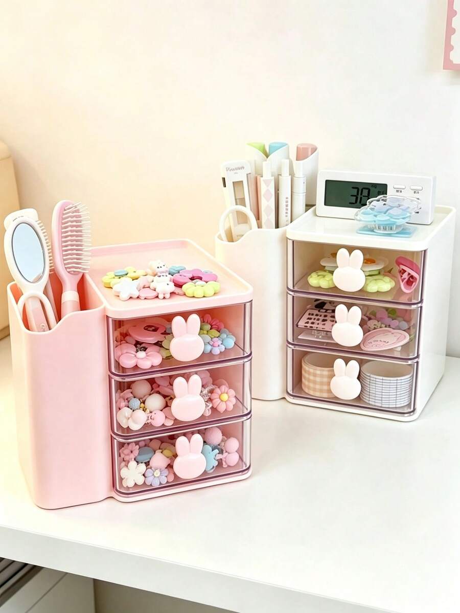 1 Baby Hair Accessory Storage Box, Cute Rabbit Shaped Handle, 3-Grid Design, Girl's Room Decoration, Baby Girl Supplies, Essential Items For Newborns - Multicolor - View 1