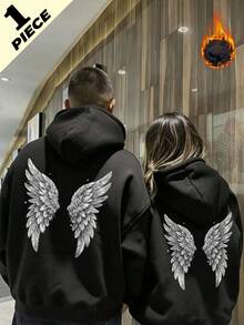 Autumn Winter Unisex Wings Print Oversized Hoodie Y2K - Black - View 1