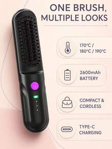 Portable Wireless Hair Straightening Brush, 2600mAh USB-C Rechargeable Styling Brush, 3 Temperature Settings, Compact Wireless Straight & Wavy Hair Styling Comb - Multicolor - View 2