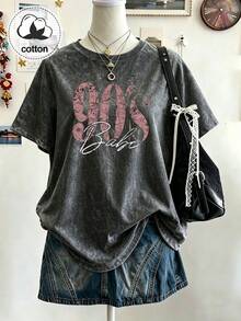 Plus Size Women's 90s Vintage Print T-Shirt, Retro Large Letter Pattern Casual Short Sleeve Washed Top Black Summer - Black - View 7