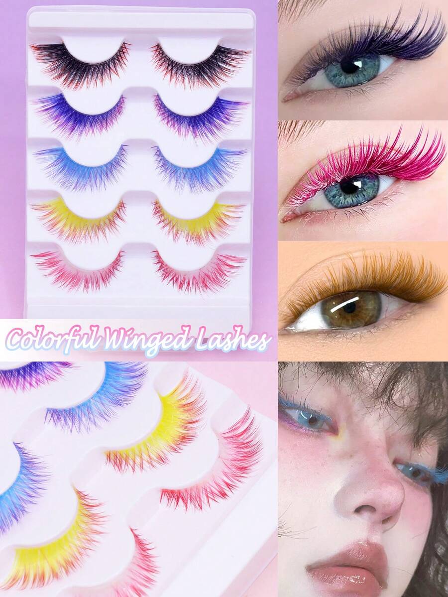 5 Pairs Colorful Winged False Eyelashes, Rainbow Colored Cat‑Eye Strip Lashes, Fluffy Wispy Colored Tip Lashes, Dramatic Long Colored Eyelashes For Halloween Cosplay Party Eye Makeup - Multicolor - View 1