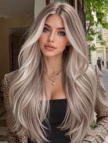 28 Inch Gradient Light Gold Long Curly Wig For Women, Dark Roots, Fashionable Elegant Heat-Resistant Synthetic Fiber Wig, Suitable For Daily Wear, Halloween, Cosplay, Ramadan Eid Gift - Multicolor - View 3