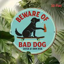 [2D Flat Diagram] 1pc Vintage Style Beware Of Dog Wooden Wall Sign - Rustic Style, Distressed Effect Warning Sign With Skateboard Dog Pattern, Suitable For Cafe Decor, Pre-Drilled Holes As Shown In Dimension Diagram - Multicolor - View 4