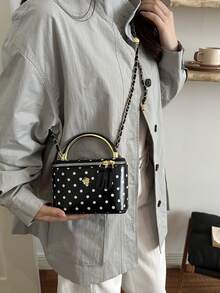 Women's Polka Dot PU Square Box Handbag, Metal Top Handle Chain Crossbody Bag, Vintage Makeup Bag Style Shoulder Bag - Black - View 5