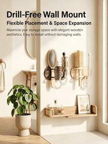 Drill-Free Wall Mount Hair Tool Organizer, Wooden Bathroom Storage Rack For Brushes, Claw Clips & Hair Ties, No-Drill Space Saver - Multicolor - View 3