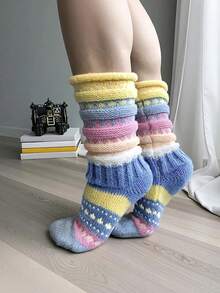 1 Pair Women's Winter Striped Ruffle Long Socks, Fairland Style, Thick Soft Warm Y2K Retro - Multicolor - View 7