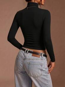 SDNGEDY2K Kaos Wanita Polos Lengan Panjang Kerah Tinggi Model Crop, Musim Semi/Musim Gugur - Hitam - View 4