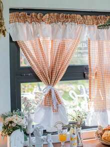 1pc Japanese Minimalist Girl Style Small Checkered Ruffle Half Curtain, Kitchen Coffee Short Curtain, Translucent Non-See-Through Sheer Curtain, Bathroom Door Partition Curtain - 1PC - View 4