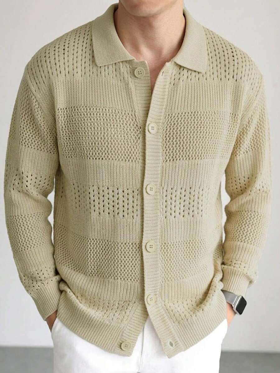 Autumn/Winter New Solid Color Casual Daily Commute Vintage Versatile Hollow Out Knit Cardigan Sweater, Simple Stylish For Layering - Apricot - View 1