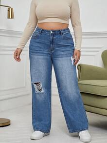 Plus Size Women's Casual Straight Leg Jeans, Distressed Design, Everyday Wear, Elegant Y2K Style, Suitable For Autumn/Winter - Blue - View 1