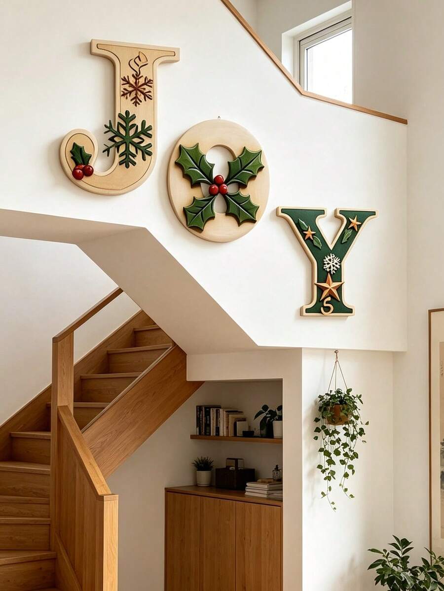 3pcs Wooden Christmas Wall Decor With "JOY" Lettering, Suitable For Entryway, Indoor/Outdoor, Garage Door And Various Surfaces, Rustic Holiday Decoration, Thanksgiving Inspired Hanging Ornament, Inspirational Phrase - A - View 1