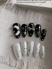 Burgundy & Glossy Black Contrast Long Pointed Press-On Nails, Silver Dragon, Bow, Spider Web, Square Red Rhinestone Metal Decor, Dark Elegant New Chinese Vintage Reusable False Nail Tips, Suitable For Party & Date Looks - Multicolor - View 3