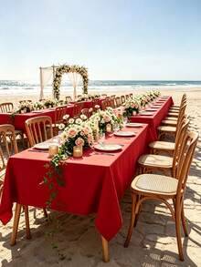 1pc Flat Rectangular Tablecloth - Stain Resistant & Wrinkle-Free Polyester Tablecloth, 150 X 259cm (Approx. 59 X 102 Inches) Suitable For Kitchen Dining/Party/Wedding Indoor And Outdoor Use (Red) - Red - View 1