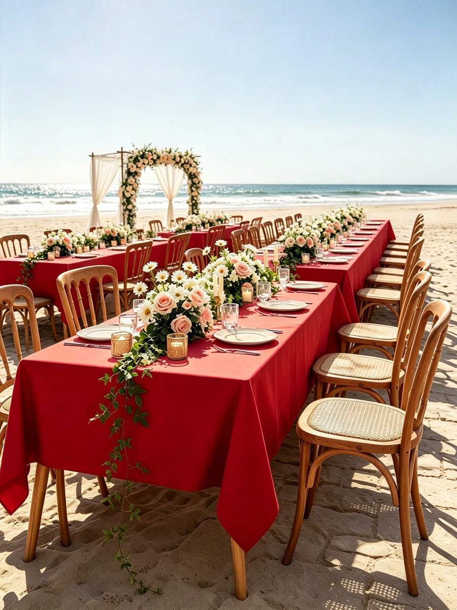 1pc Flat Rectangular Tablecloth - Stain Resistant & Wrinkle-Free Polyester Tablecloth, 150 X 259cm (Approx. 59 X 102 Inches) Suitable For Kitchen Dining/Party/Wedding Indoor And Outdoor Use (Red) - Red - View 1