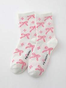 1 Pair Cute & Playful Pink Bow Print Cowhide Material Socks, Casual Style Socks, Chic Daily Wear Socks, Fashionable Daily Wear Socks, Moisture-Wicking & Breathable, Suitable For Daily Wear, Home Sports, Office Attire, Cute Cartoon Design, Applicable For All Seasons And Various Holidays - Multicolor - View 1
