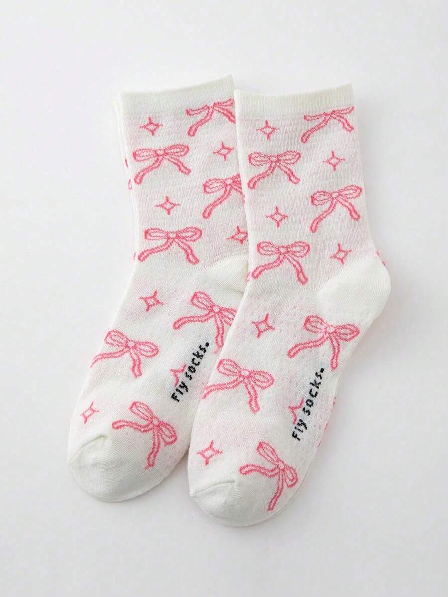 1 Pair Cute & Playful Pink Bow Print Cowhide Material Socks, Casual Style Socks, Chic Daily Wear Socks, Fashionable Daily Wear Socks, Moisture-Wicking & Breathable, Suitable For Daily Wear, Home Sports, Office Attire, Cute Cartoon Design, Applicable For All Seasons And Various Holidays - Multicolor - View 1