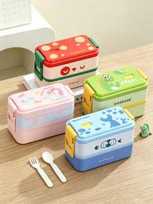 Cartoon Print Lunch Box, Double-Layer Sealed Meal Container With Buckle Lock, Suitable For Office Simple Meals, Cute Food Storage Container - Multicolor - View 5