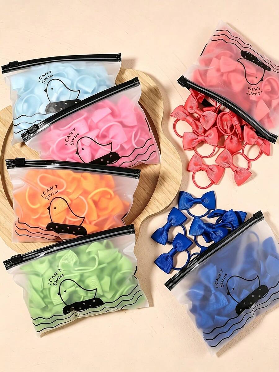 20入女童甜美可愛純色蝴蝶結髮圈,適合日常配戴 - 彩色 - 查看 1